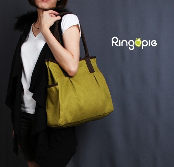 Sale-Ready To Ship-Green and Brown Piping Canvas Tote Bag-044