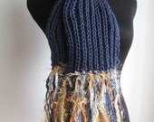 Navy Scarf with Shimmering Peachy Fringe Vegan Yarn Winter Fashion Accessories
