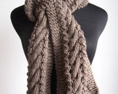 Taupe Hand Knit Scarf Heather Cable and Lace Taupe Scarf Vegan Scarf Mens Scarf Womens Scarf