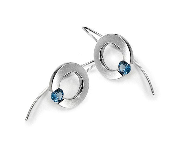 Tension Set Blue Topaz Drop Earrings in Stainless Steel