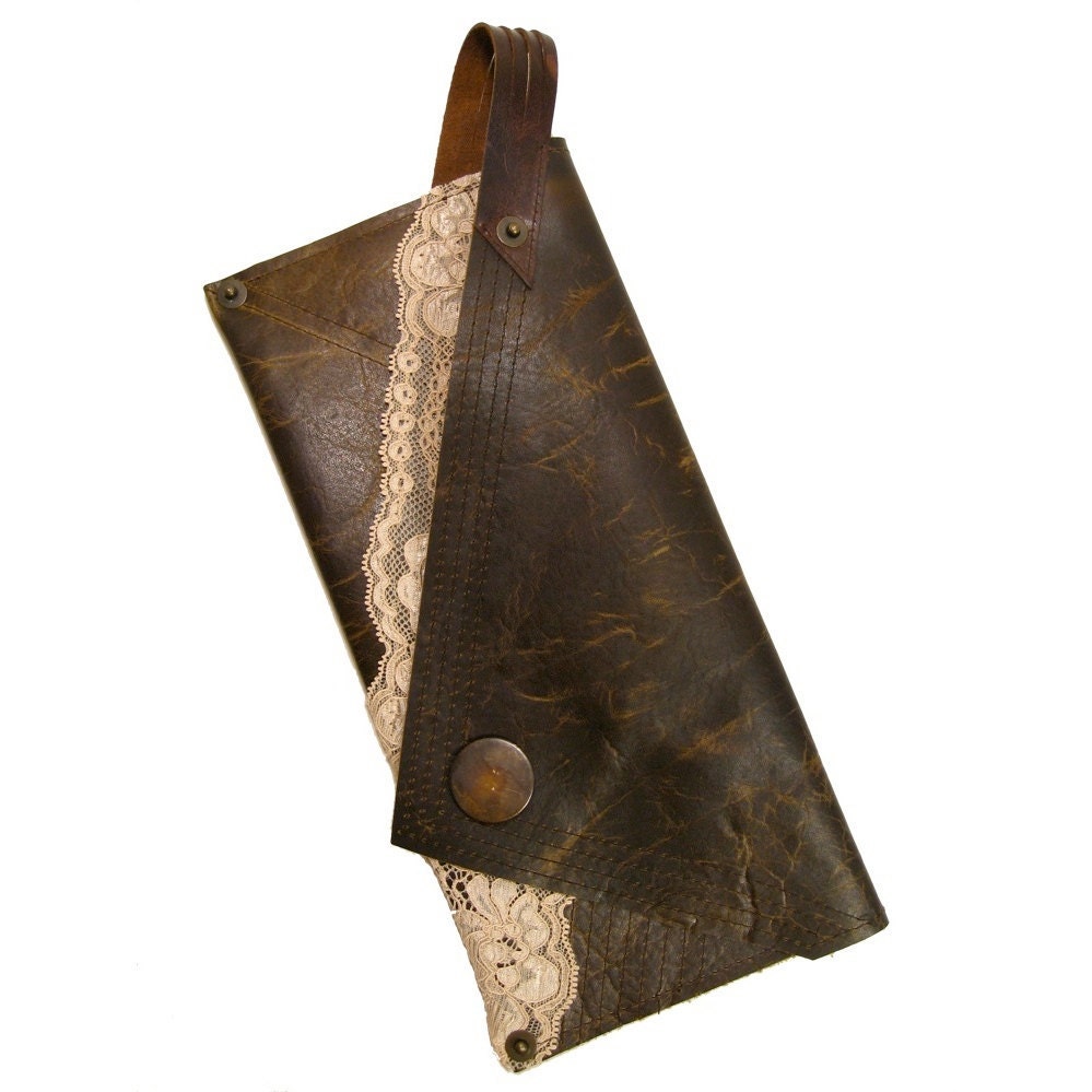 Finger Clutch Medium Brown Leather w Ivory Lace & Rivet Detail