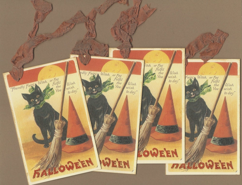 CLEARANCE - Vintage Black Cat Halloween Tags, set of 4 oversized tags