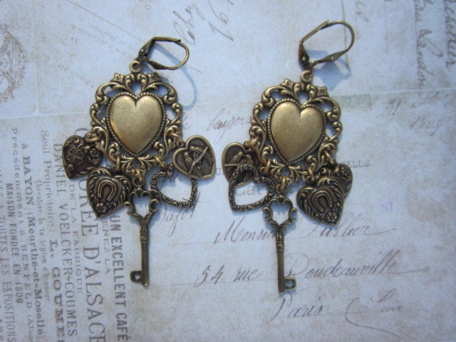 Antique Brass Hearts key Charm Earrings Love Romance vintage Wedding Bridesmaid