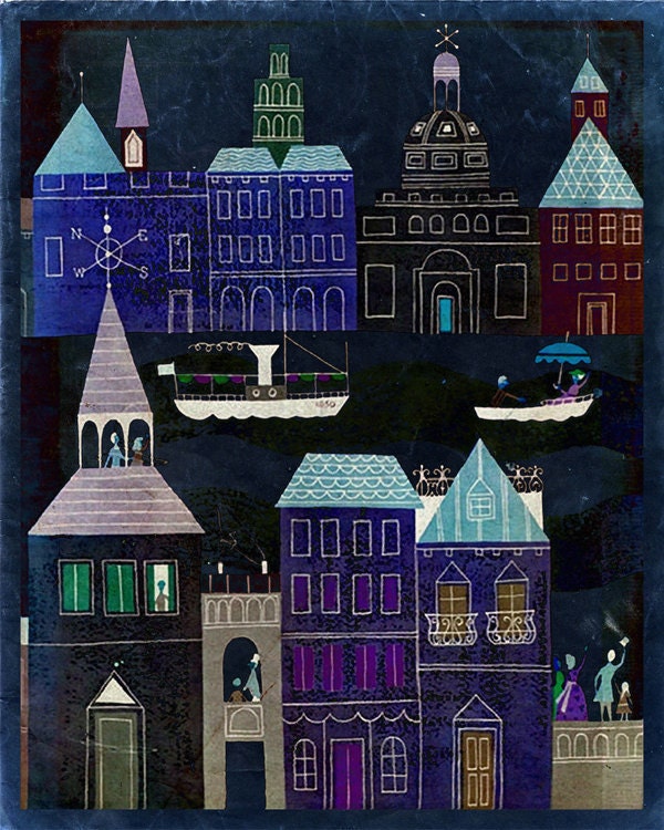 Vintage Fairy Tale Illustration "Dark City" European Travel - City at Night Art Print - Vibrant Bright Color