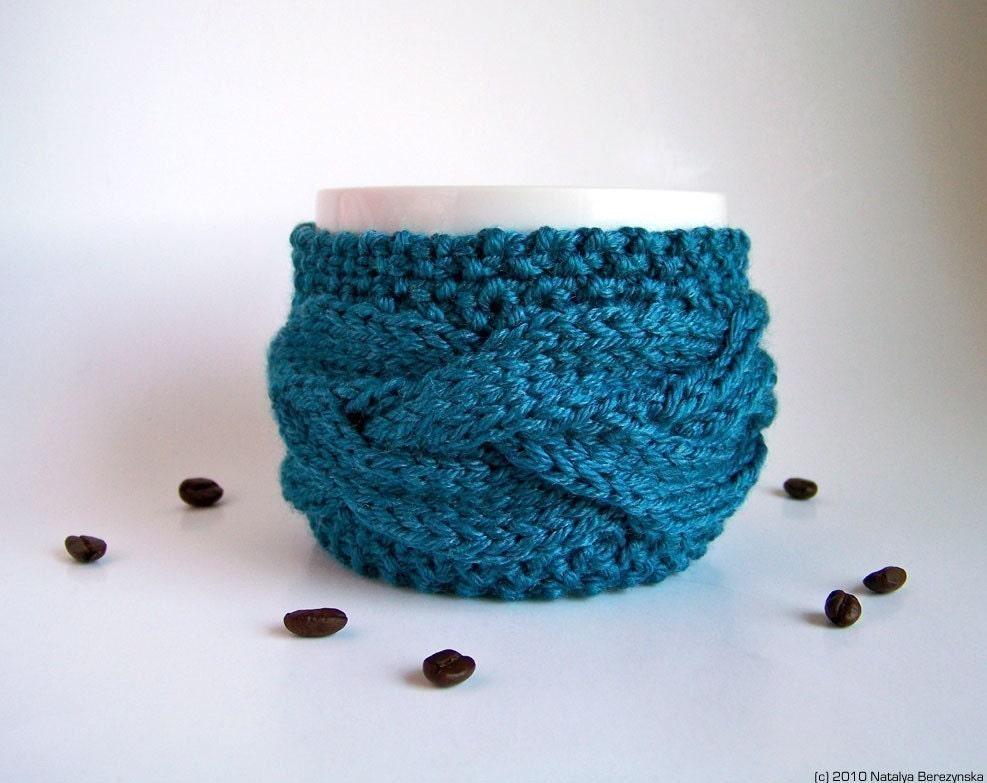 Teal Cup Cozy, Blue Mug Cozy, Coffee Cozy Sleeve, Tea Cup Cozy - Peacock Beach Nautical Water  Summer Aqua - Fathers Day Gift
