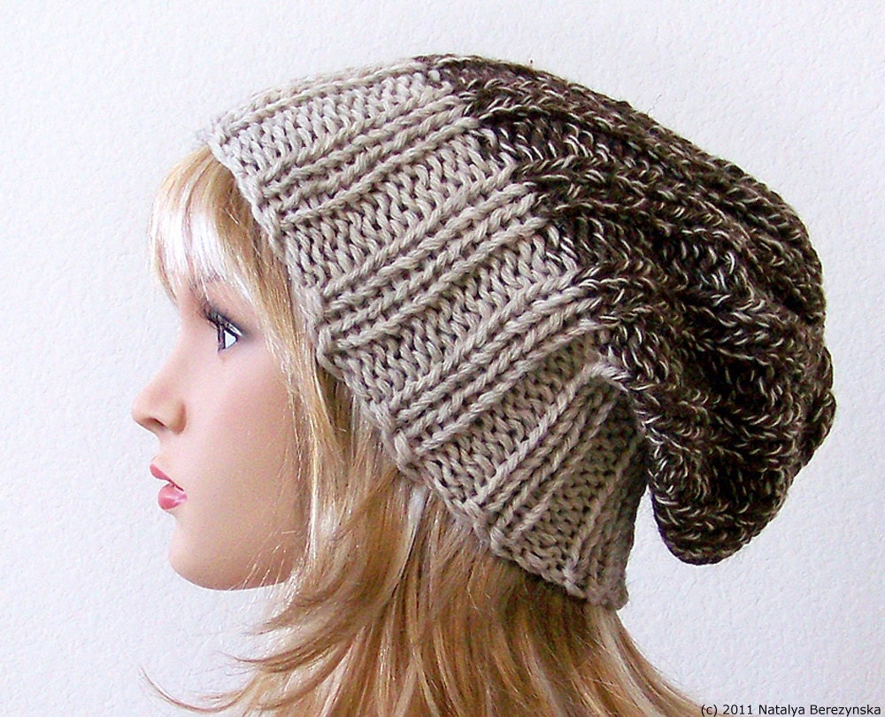 Winter Hat in Beige and Brown - Wool Hat - Slouchy Beanie -  Knit Hat - Oatmeal Barley Hat - Mens Hat - Womens Hat