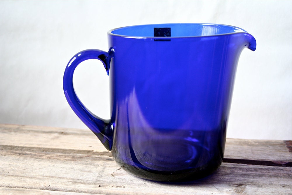 Kaj Franck Nuutajarvi Finland Glass Pitcher Notsjo Vintage Cobalt Blue with Label Arabia IIttala SALE