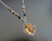 Gothic Necklace Volcano Quartz Glass, Victorian Wedding Bridal Bride Groom, Flame Fire Yellow Brown Noir Gothic Necklace Gothic Jewelry