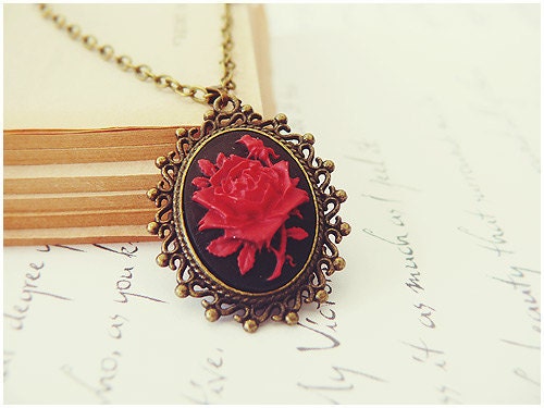 Gothic Necklace Victorian Rose Cameo Ruby Red Flower, Wedding Bridal Bride Groom Noir Vampire Steam Punk Womens Gothic Jewellery Jewelry