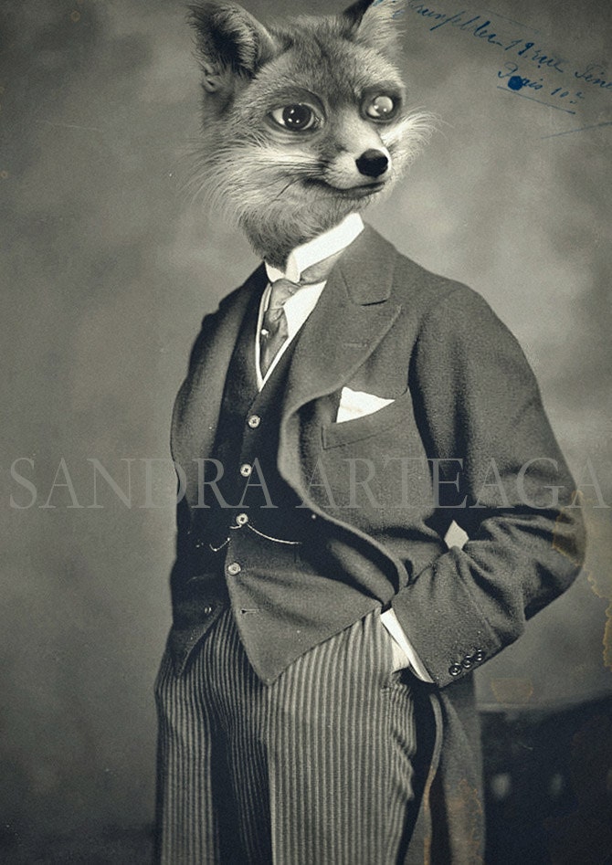 Louis- lustre print size A4 ( 8.3 in x 11.7 in ) - anthropomorphic gentleman fox drawing art doll black white animal portrait fantasy