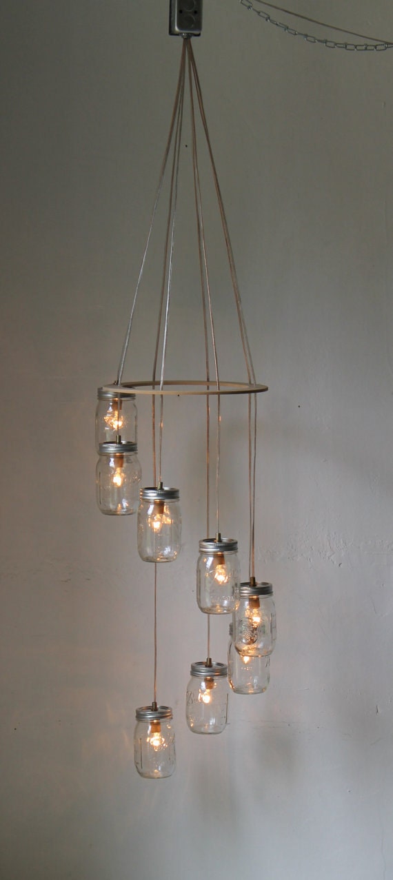 Spiral Carousel Mason Jar Chandelier - Mason Jar Lighting - Swag Lamp Handcrafted Upcycled BootsNGus Hanging Pendant Light Fixture