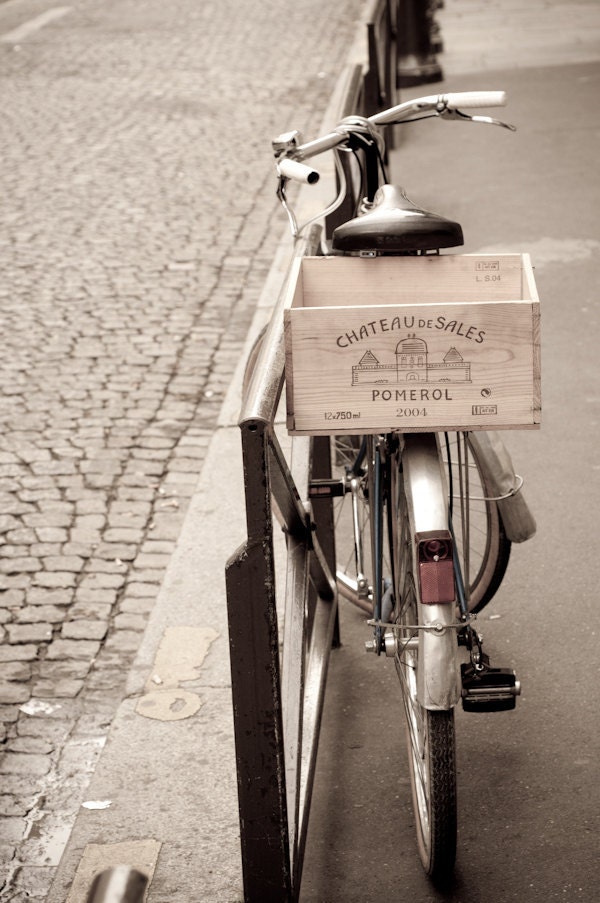 Paris Photography - Paris Bicycle on Parisian Street, with Wine Crate, France, Wall Decor Fine Art Travel Photograph
