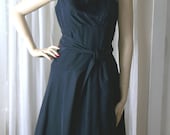 ON SALE Handmade 1950s 1960s Style Elegant and Classy Navy Blue Dancing Party or Prom Dress with Feather Boa Trim and Tulle Lining