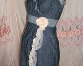 ON SALE Super Cute Dark Denim and Cream Lace and Tulle Trim Jumper Dress or Summer Dress Size XS 2 to 4 or Girls Size 12