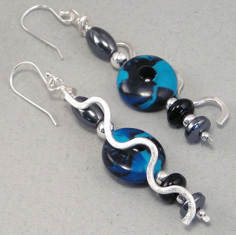 Dangle Earrings - Turquoise Blue and Black Wire Squiggle No 119