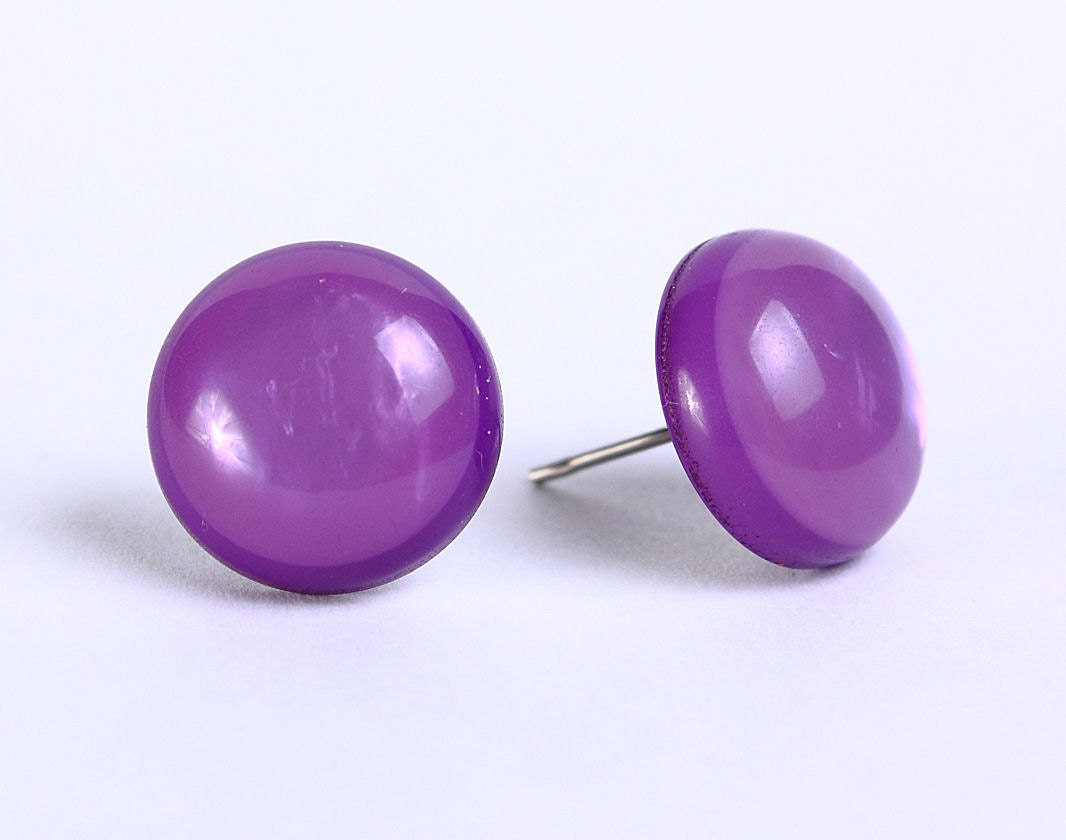Pearly purple colored buttons surgical steel stud earrings (466) - Flat rate shipping