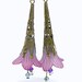 Lucite Trumpet Flower Earrings - Purple and aqua - Brass Filigree Cone