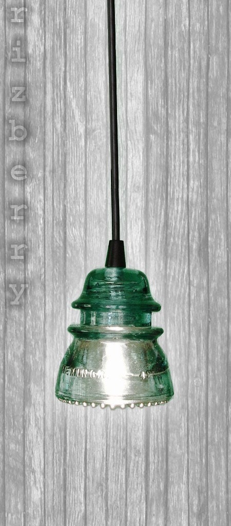Repurposed Glass Insulator Pendant Light with Black Canopy and Cord