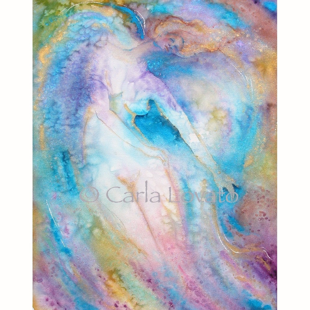 Watercolor goddess painting angel art wings abstract spirit art nude - Giclee print - teal mauve gold sky blue