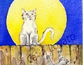 Watercolor Cat painting Original art Moon celestial kitty feline tabby singing in the moonlight