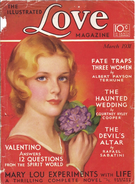 1931 cover of Love Magazine blonde woman corsage red background vintage - Free U.S. shipping
