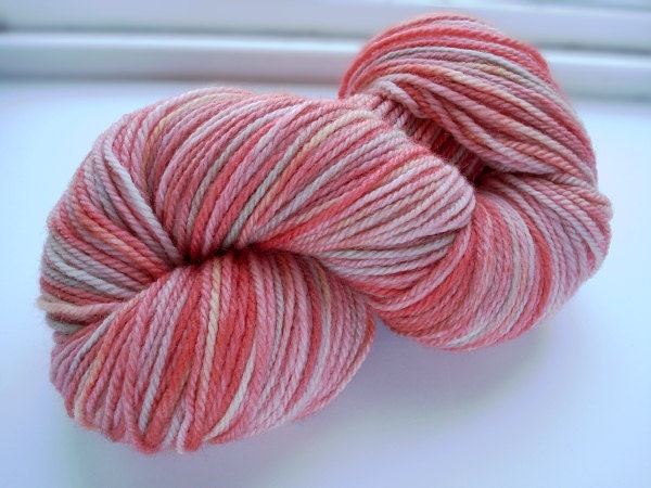 Hand Dyed Wool Yarn Pink Peach Subtle Green a hint of Yellow Swirls Painted by Me - Price Reduced Super Value