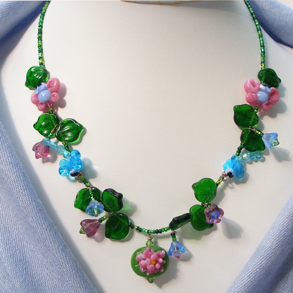 Butterfly Necklace:  Charming Butterflies and Dragonflies Flit around a Pink Waterlily