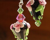 Rose Garden Earrings in Pink, Green, and Black Lampwork