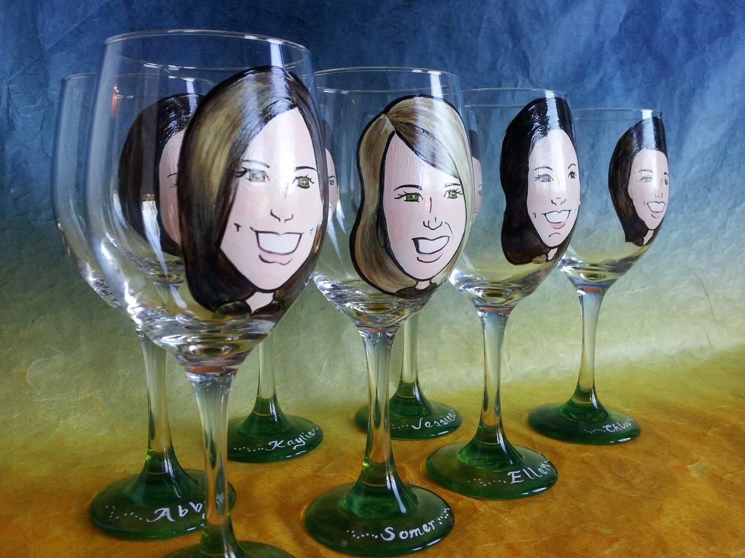 Set of 3 - Original Hand Painted Custom Caricature Wine Glasses - Bridesmaid Gift