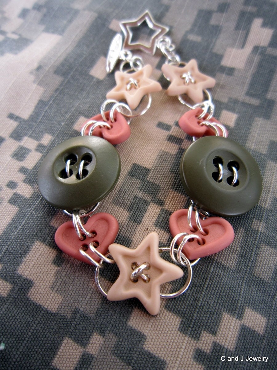 Military Button Bracelet I love my Soldier Hearts and Stars Bracelet