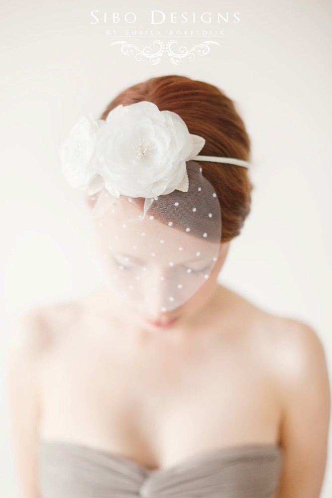 Bridal Flower Headband, Wedding Hair Accessory, Floral Headband, Polka dot veil - Garden Princess - Made to Order