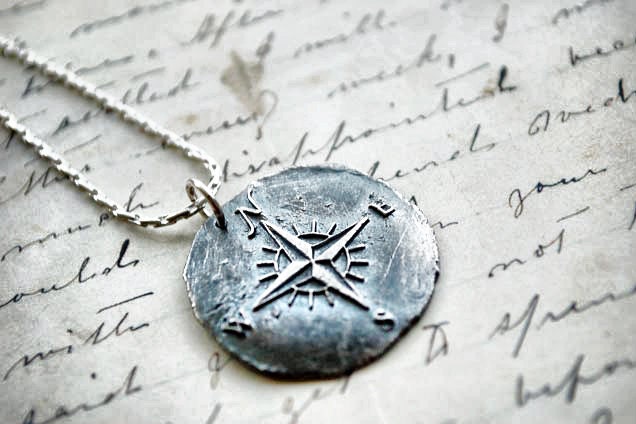 Compass Rose Pendant - Antique Wax Seal Stamped in Silver