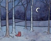 Red Fox and Moon Illustration Print 5x7