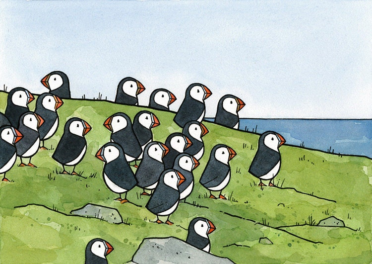 Puffin Colony Watercolor Illustration Print 5x7