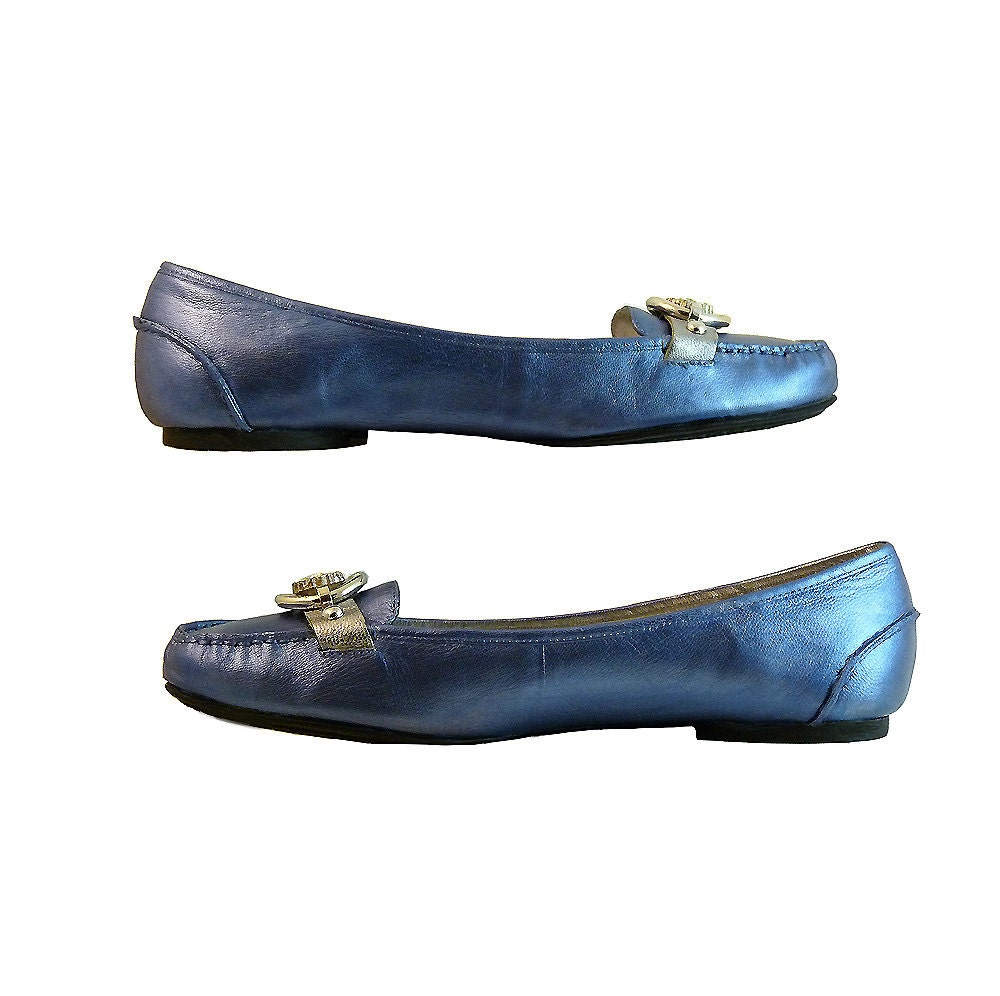 Ballet Flats Metallic BLUE and Silver Loafers w Vintage Rhinestones // Size 10 M // Calvin Klein Leather w Silver  // Preppy Geeky Fun