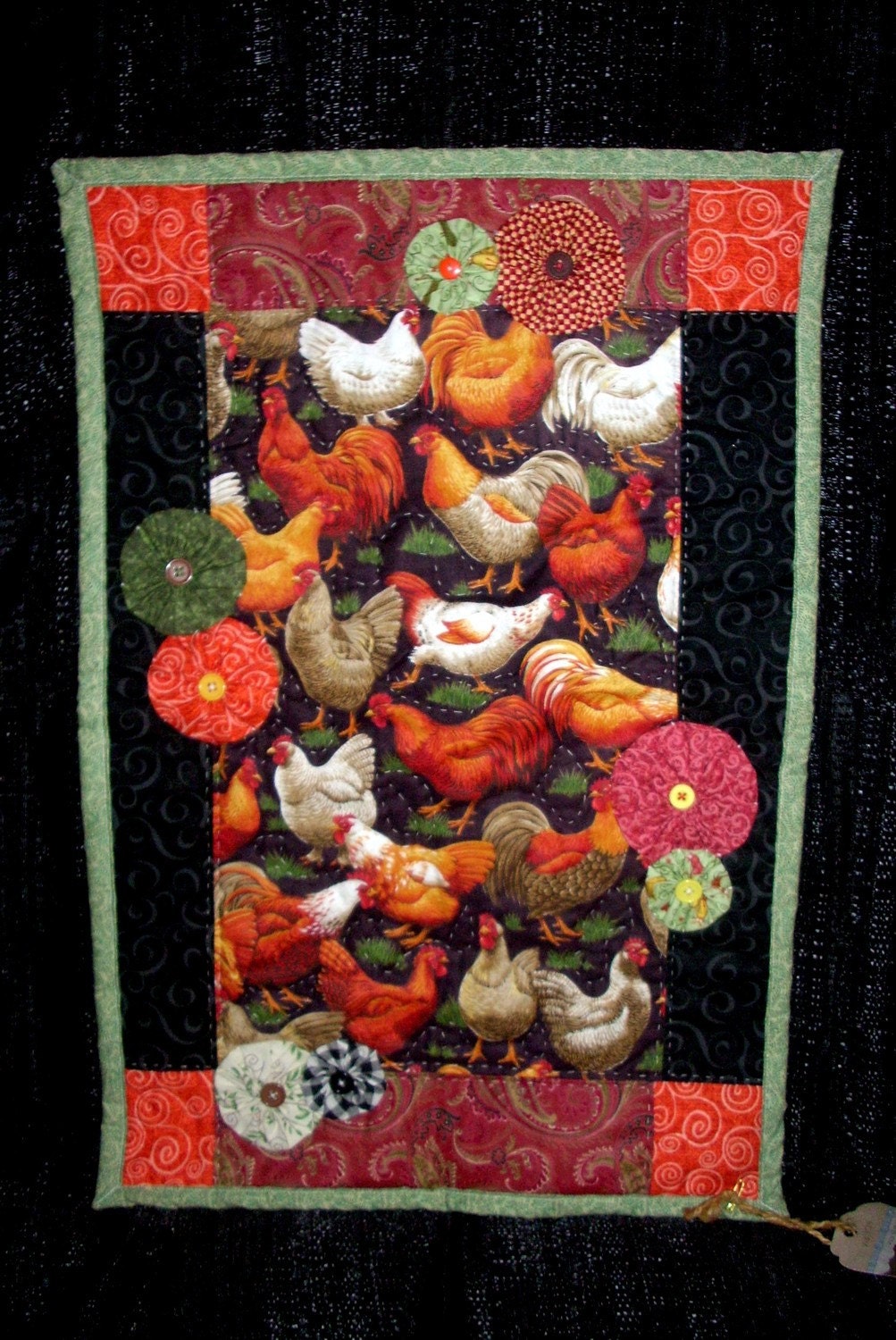 Rooster & Chicken Quilt Handmade Kitchen Decor Wall hanging French Country Decor Hens Black White Brown Green Home Decor
