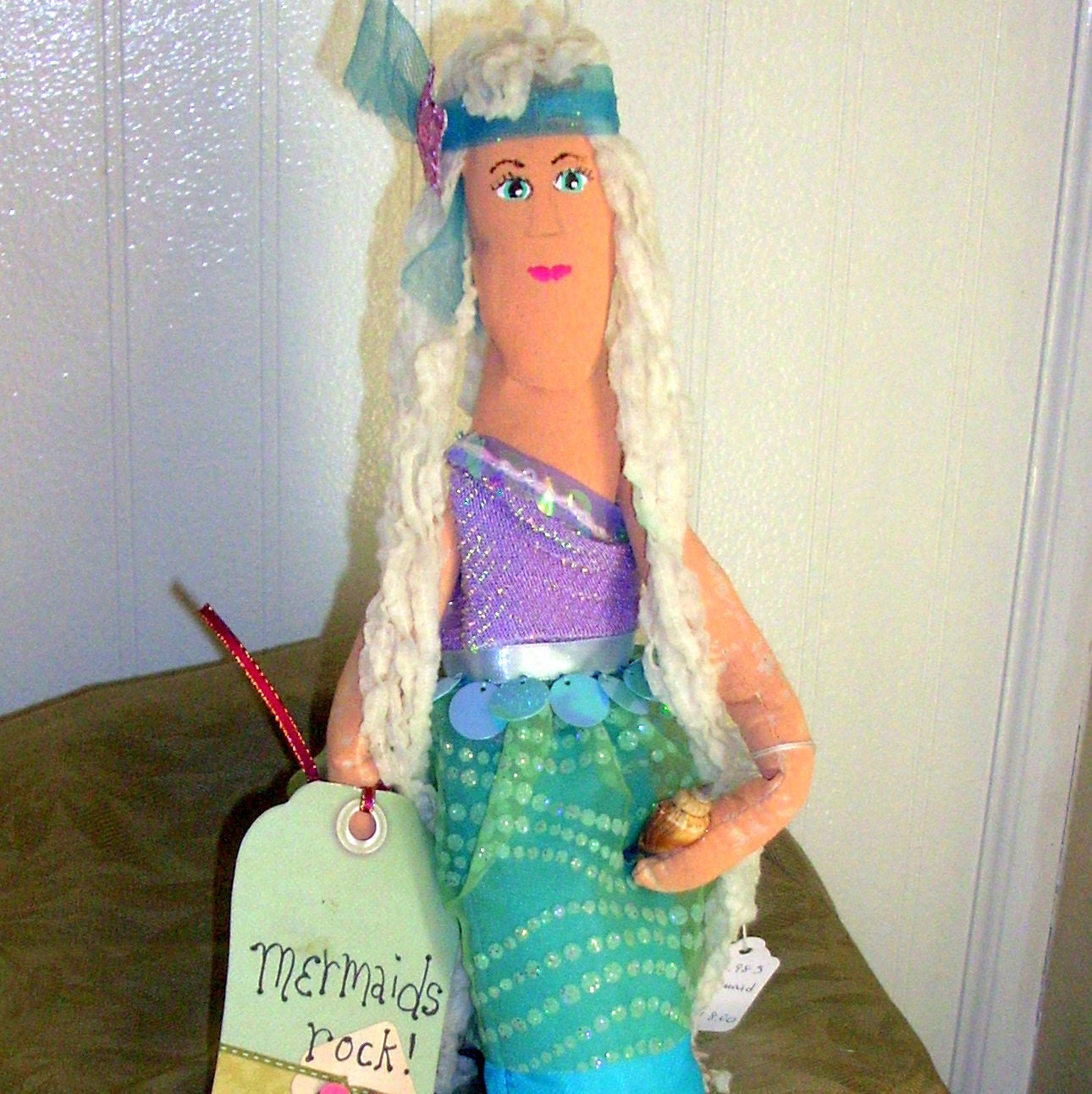 Mermaid Fantasy Art Doll Handmade Decoration OOAK Home Decor Recycled Materials girls Room Decor Purple Turquise Shells Sea Fairy