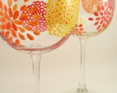 Mums in bright colors Autumn flowers Fall colors - hand painted wine glasses - set of 2 - RaeSmith
