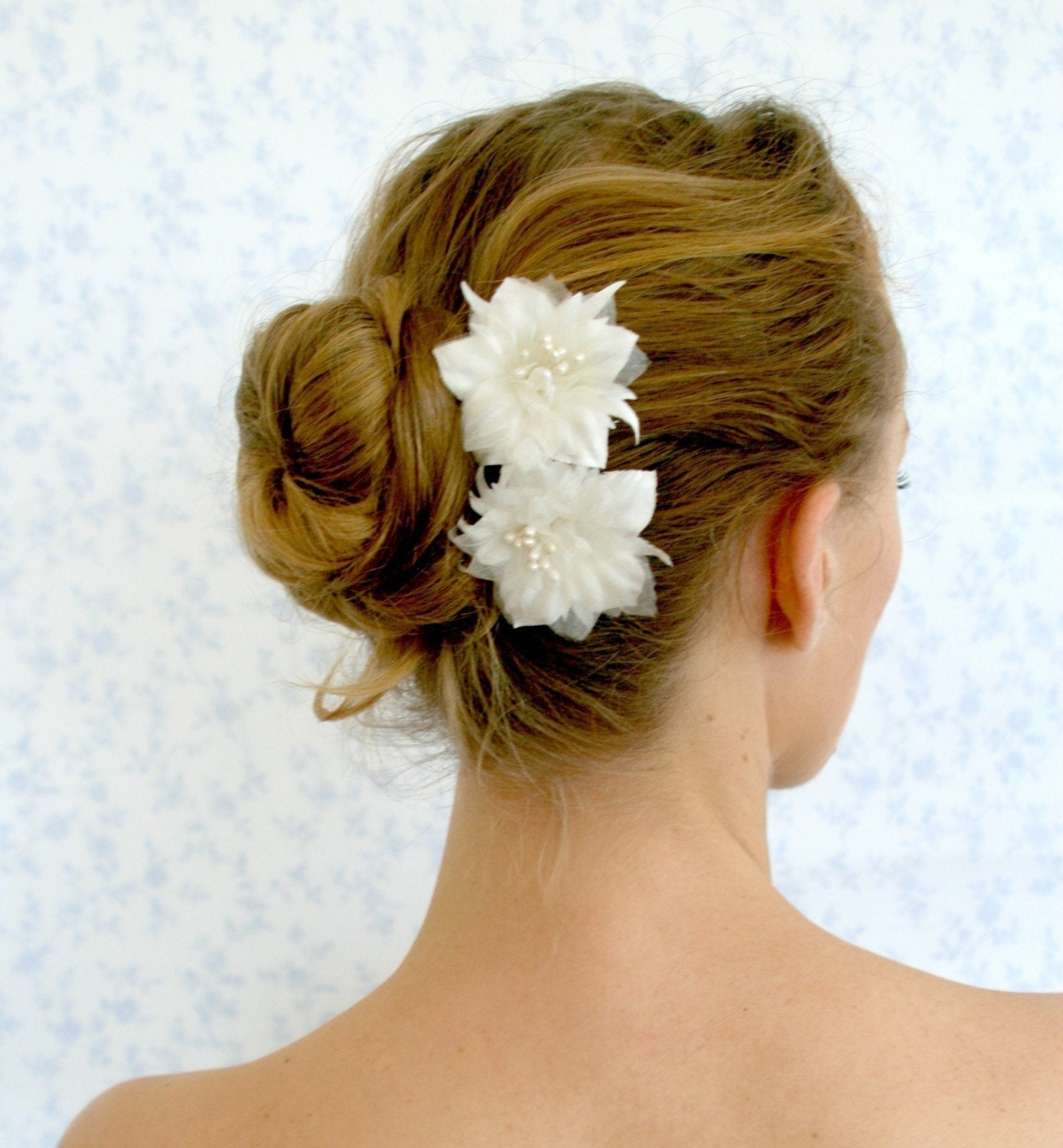 blossom hair bobby pins - white flowers set of 2  flowers.