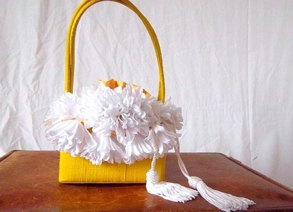 Yellow Silk Box Purse - Inge Christopher - Tassels - Huge White Flower Peonies - Elegant Whimsical Handbag