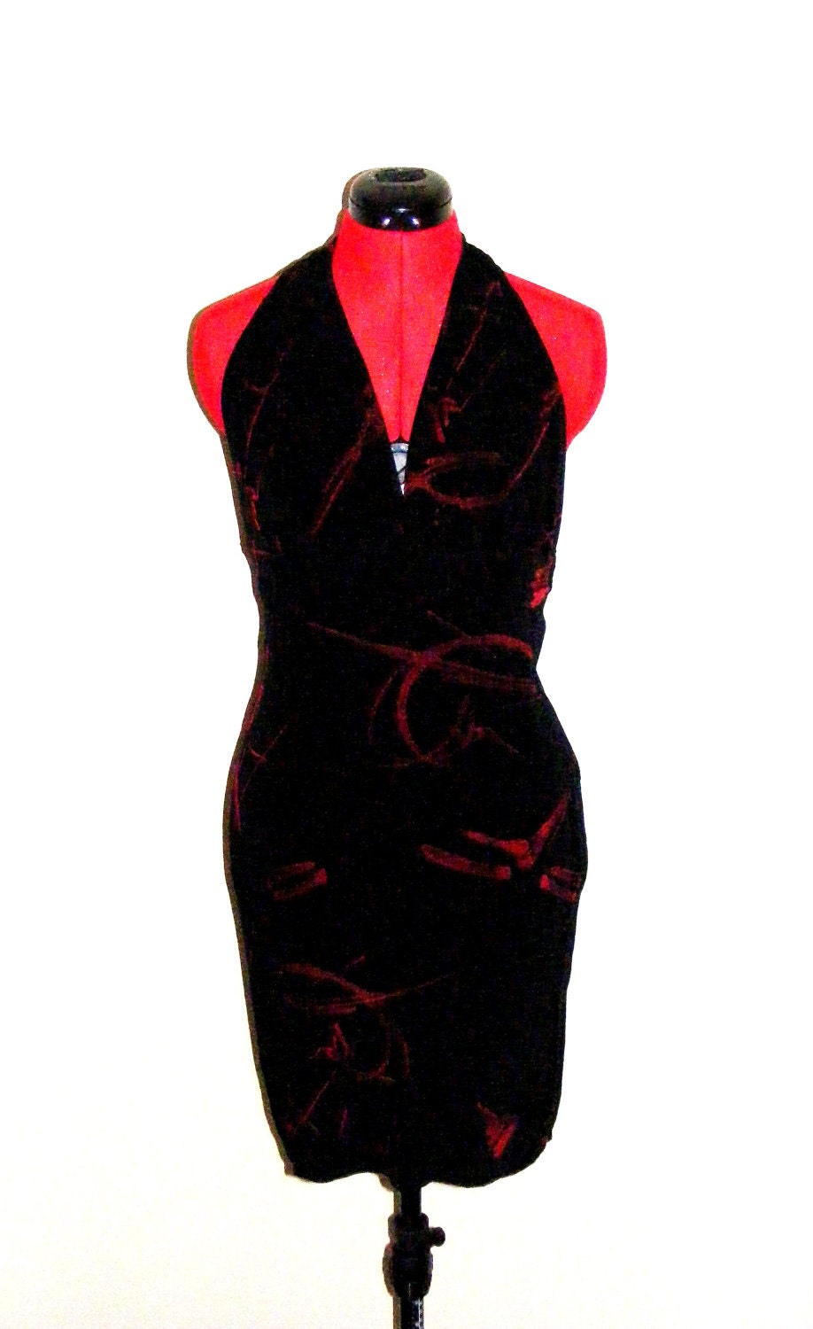 Red and black artistic patterned halter dress - READY TO SHIP