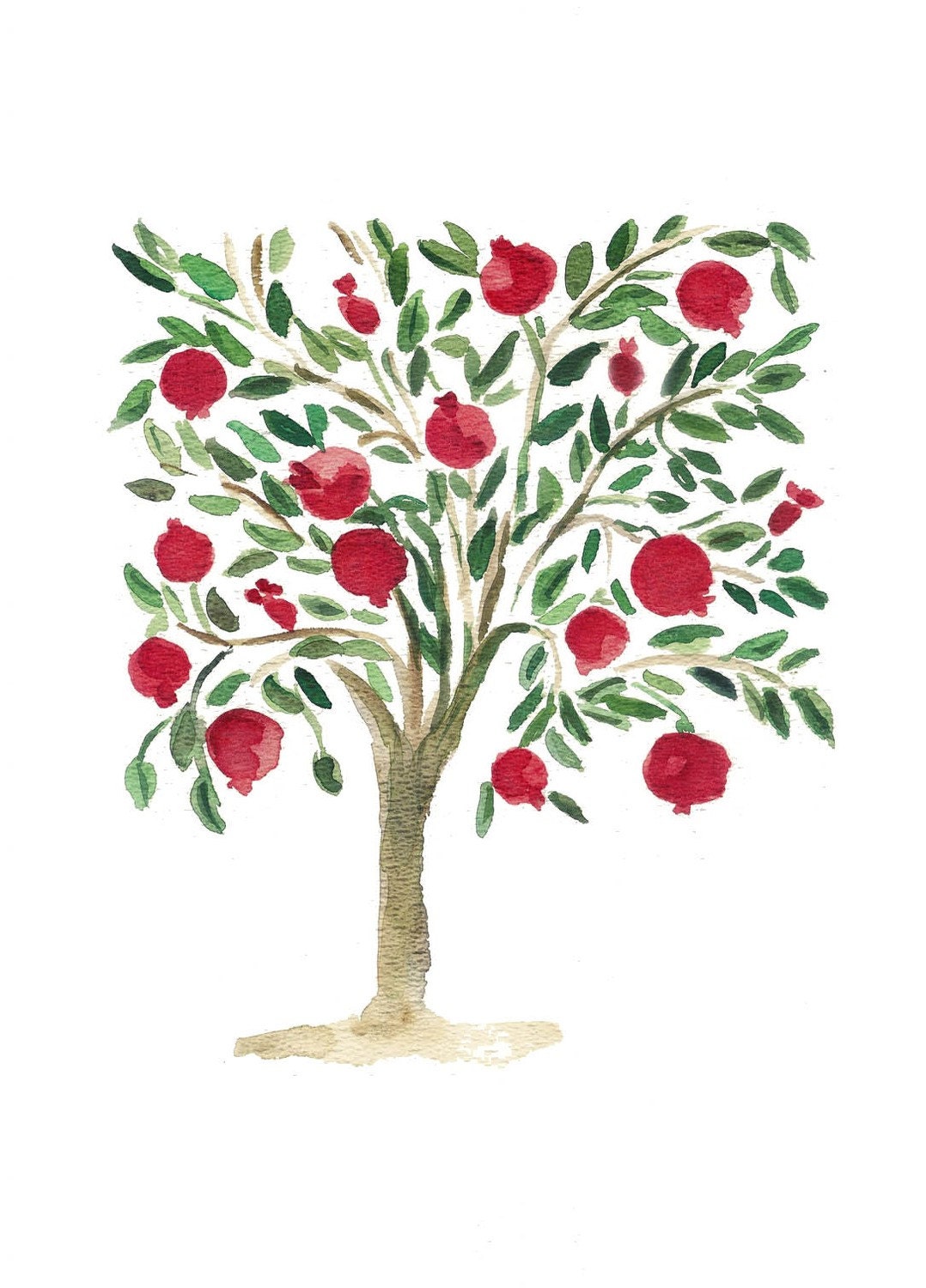 Pomegranate Tree folk art inspired Art Print of original watercolor painting in Garnet Red Pine Green,home deocr, weddings, new home gift