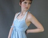 70s Halter Sun Dress Vintage Maxi Blue Gingham Lace Girly Small - MagsRagsVintage