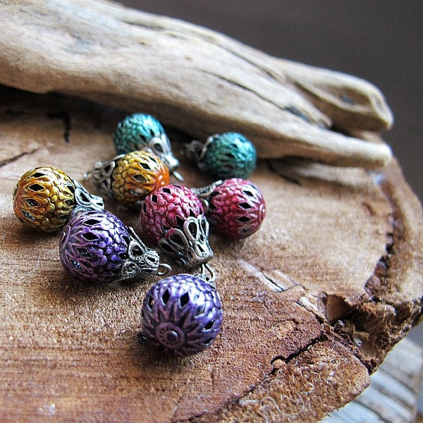 8 Filigree Hollow Bead Dangles, enamel hand painted -glass violet, orange, pink, blue green color, Enameled Supplies