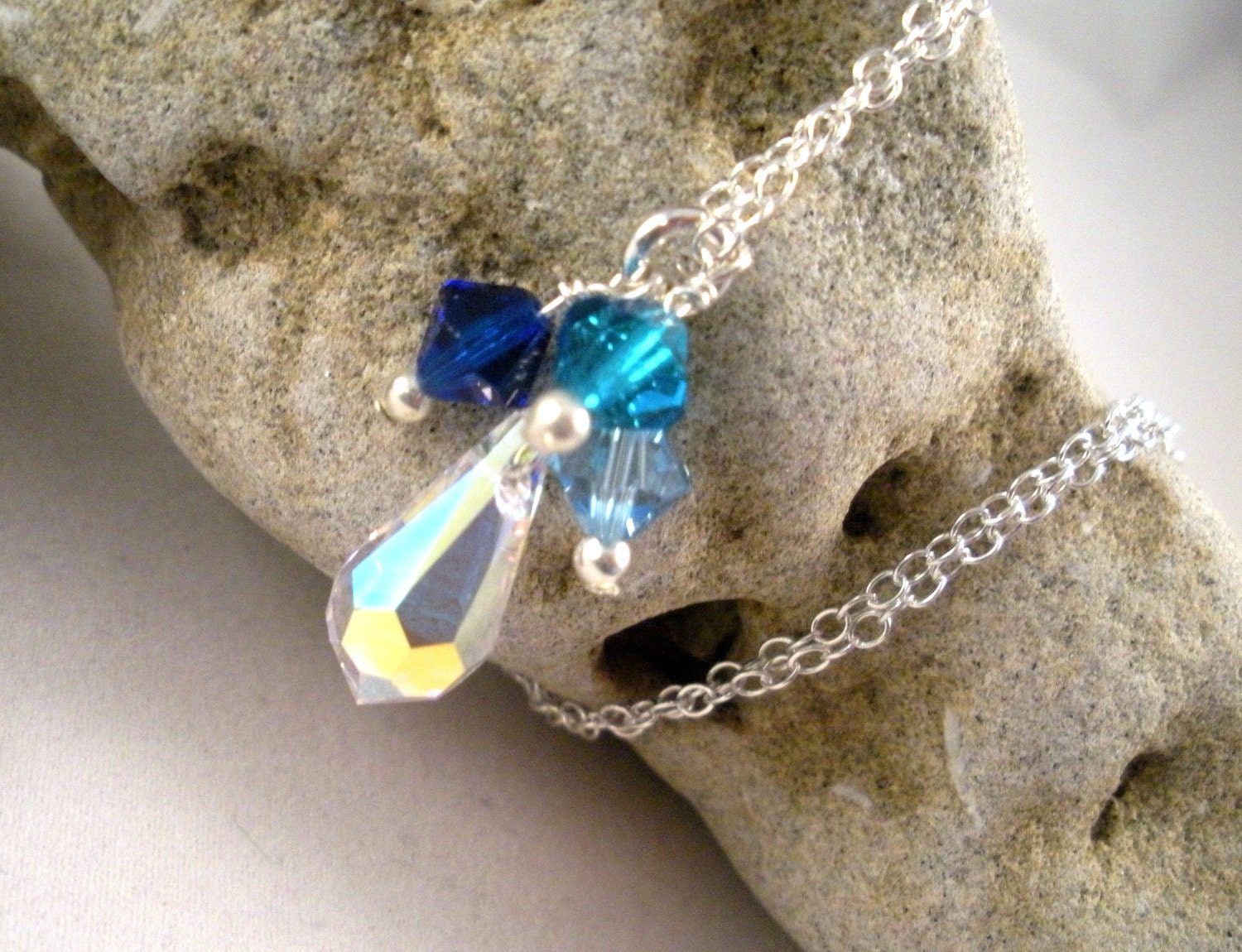 Wire Wrapped Ocean Blue Swarovski Crystal Cluster Sterling Silver Chain Necklace