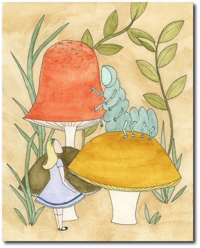 Alice In Wonderland And The Caterpillar On Mushrooms 8x10 Picture, Children Giclee Art Print