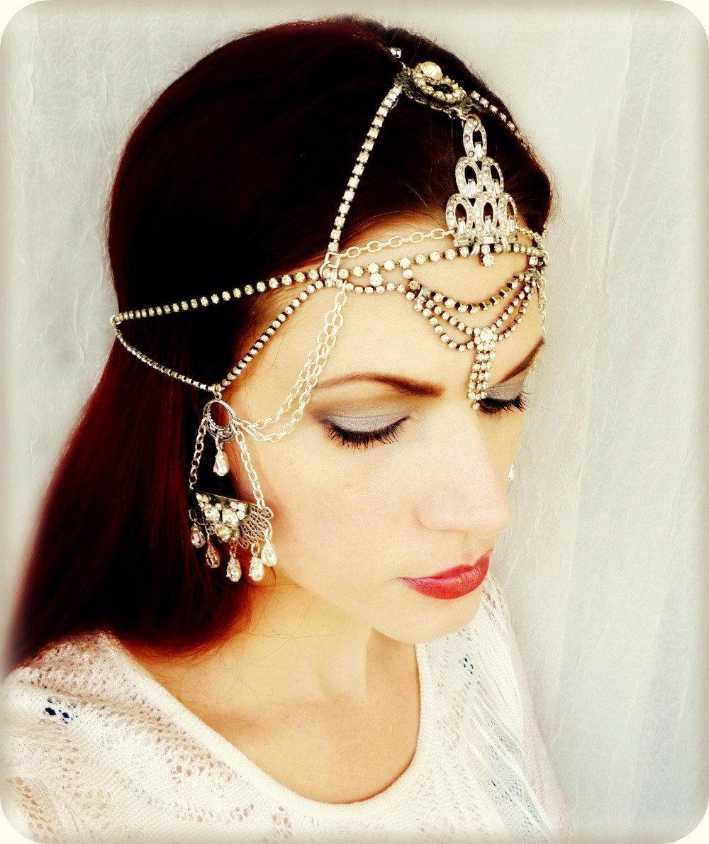 Art Deco Headpiece Gypsy Rhinestone Headdress - Wedding Bridal Belly Dance Burlesque
