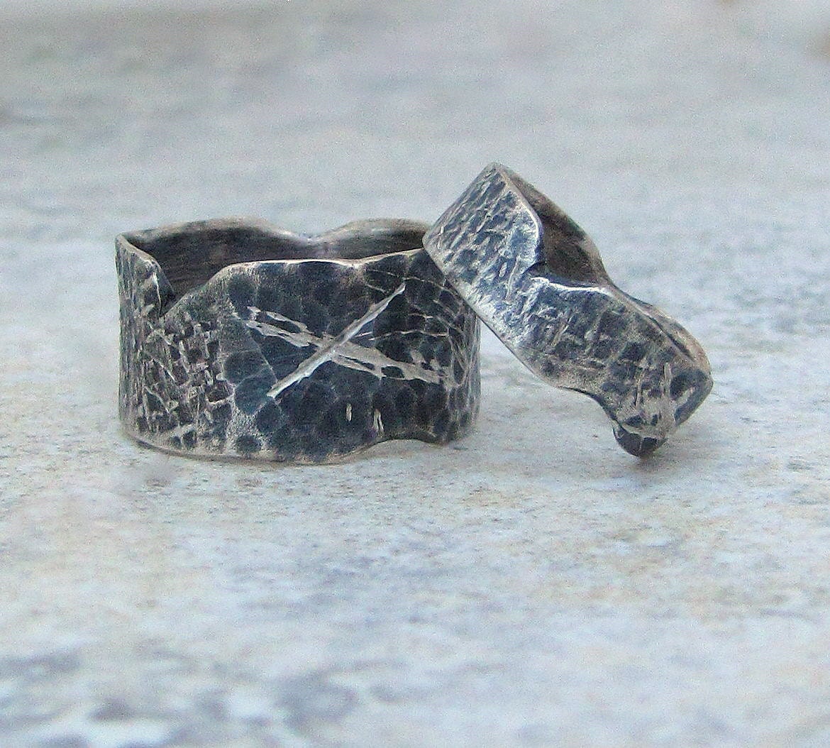 Wedding Band Set Distressed Silver Wedding Ring Set Rustic Destroyed Silver Rings