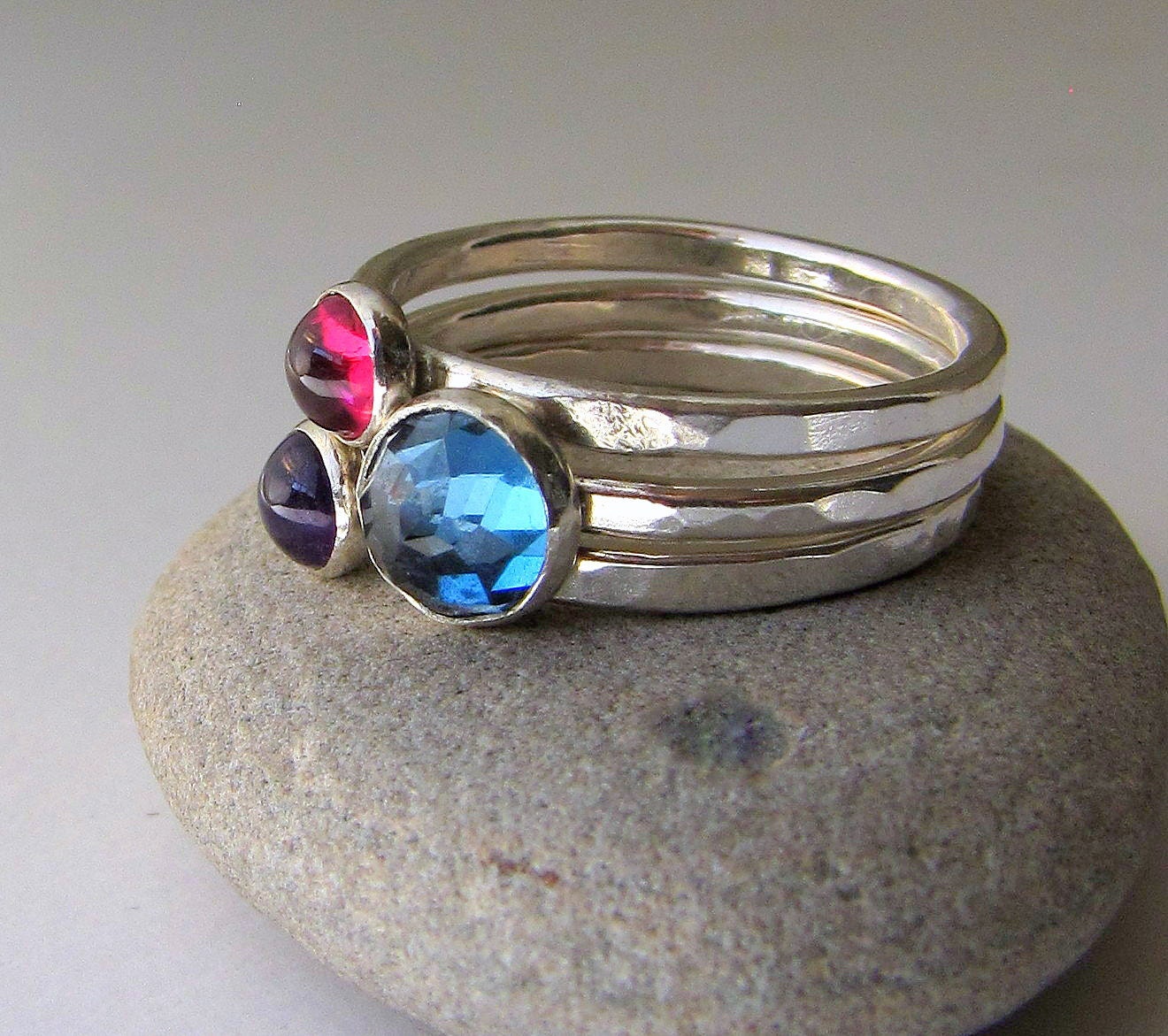Blue Topaz Ring Pink Tourmaline Ring Amethyst Ring Silver Stacking Rings Colored Gemstone Rings Birthstone Rings Mothers Rings