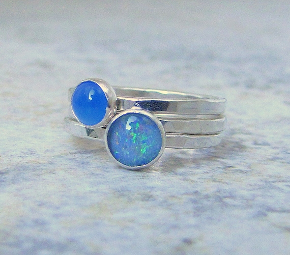Opal Stacking Rings Blue Chalcedony Ring Set Birthstone Rings Mothers Rings Gemstone Stacking Rings-Sky Dreams